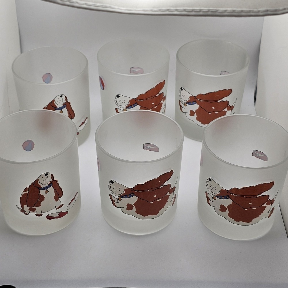 Dartington Designs Glasses 6 Frosted Basset Hound Low Ball Whiskey France EUC